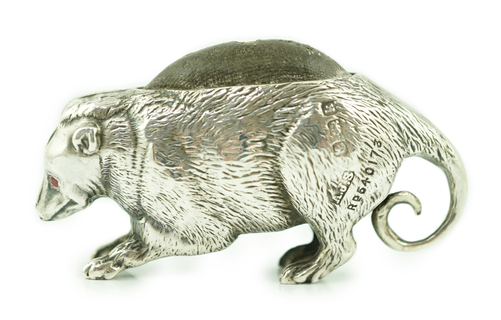 An Edwardian novelty silver pin cushion, modelled as a possum, Arthur Johnson Smith